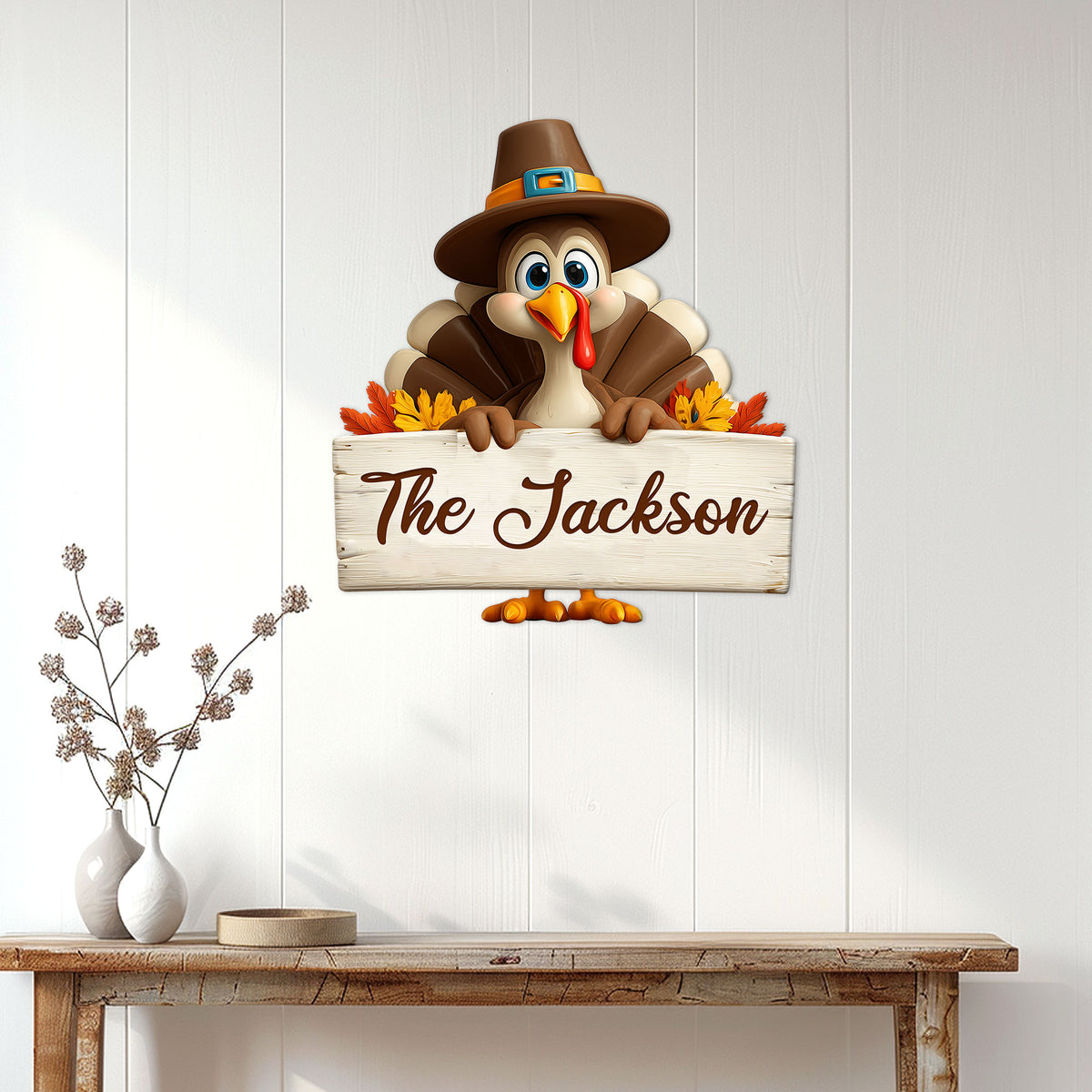 Custom Thanksgiving turkey metal sign displayed on a white paneled wall above a console table