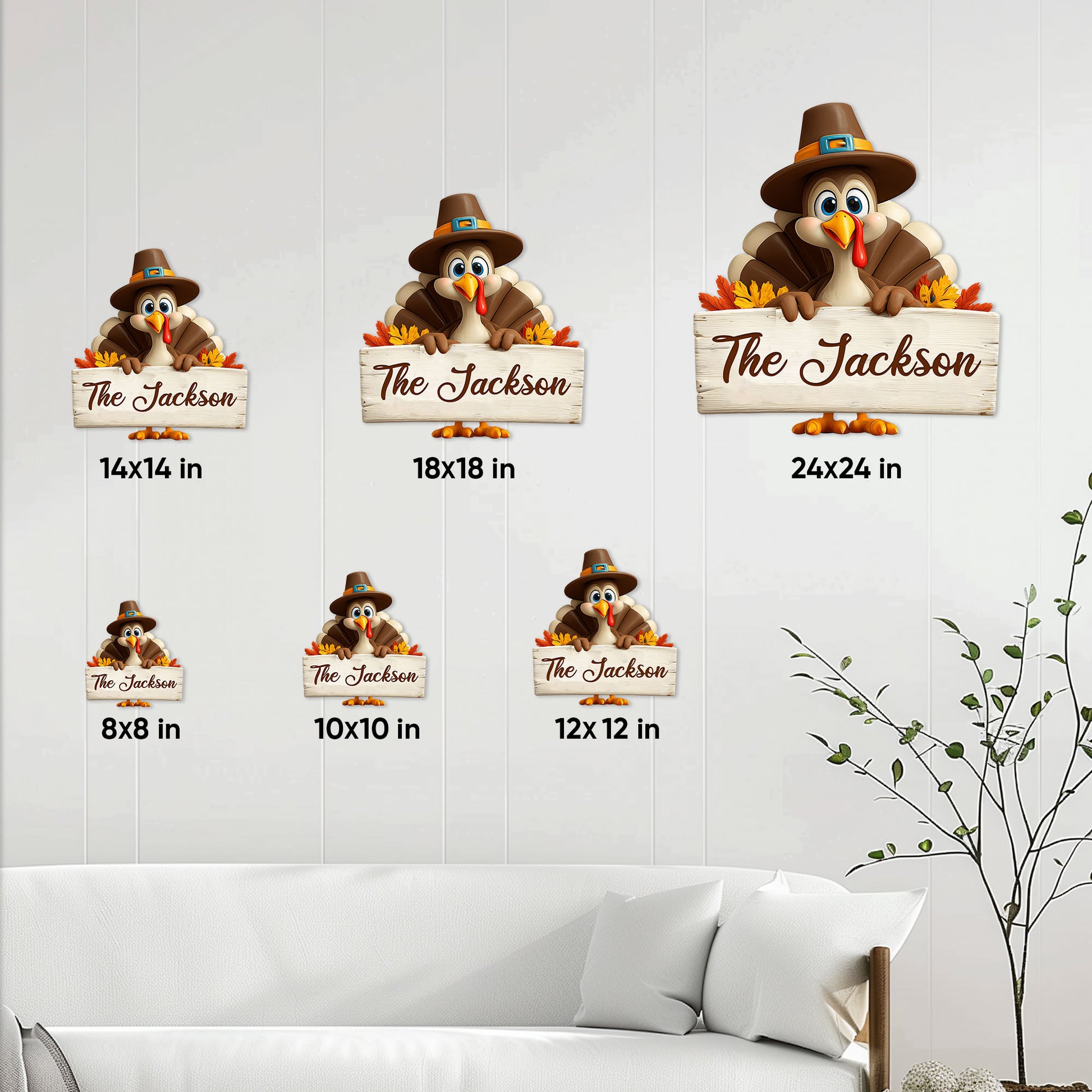 Thanksgiving turkey metal sign size guide showing available square dimensions from 8 by 8 to 24 by 24 inches