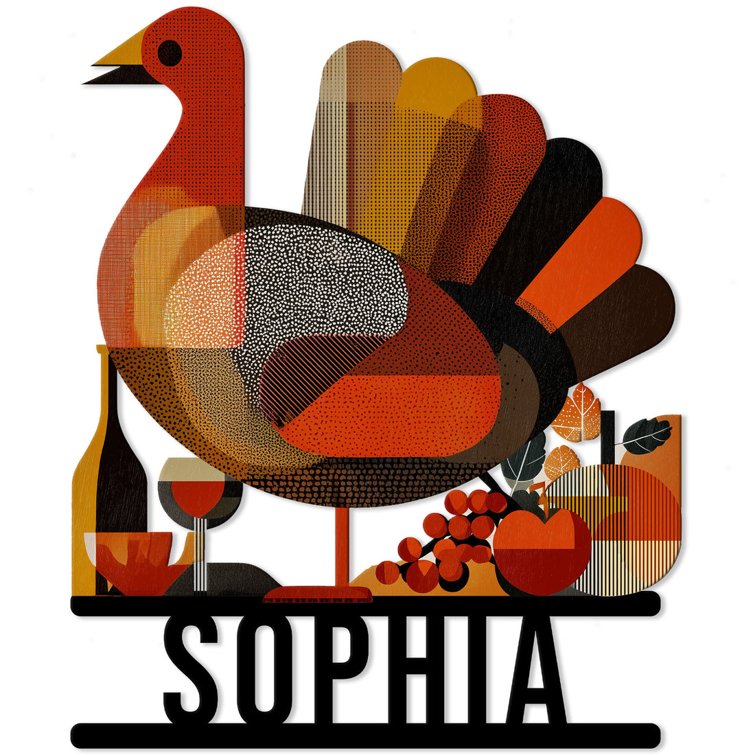 Colorful Thanksgiving turkey metal sign with geometric feathers and autumn harvest accents