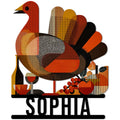 Colorful Thanksgiving turkey metal sign with geometric feathers and autumn harvest accents