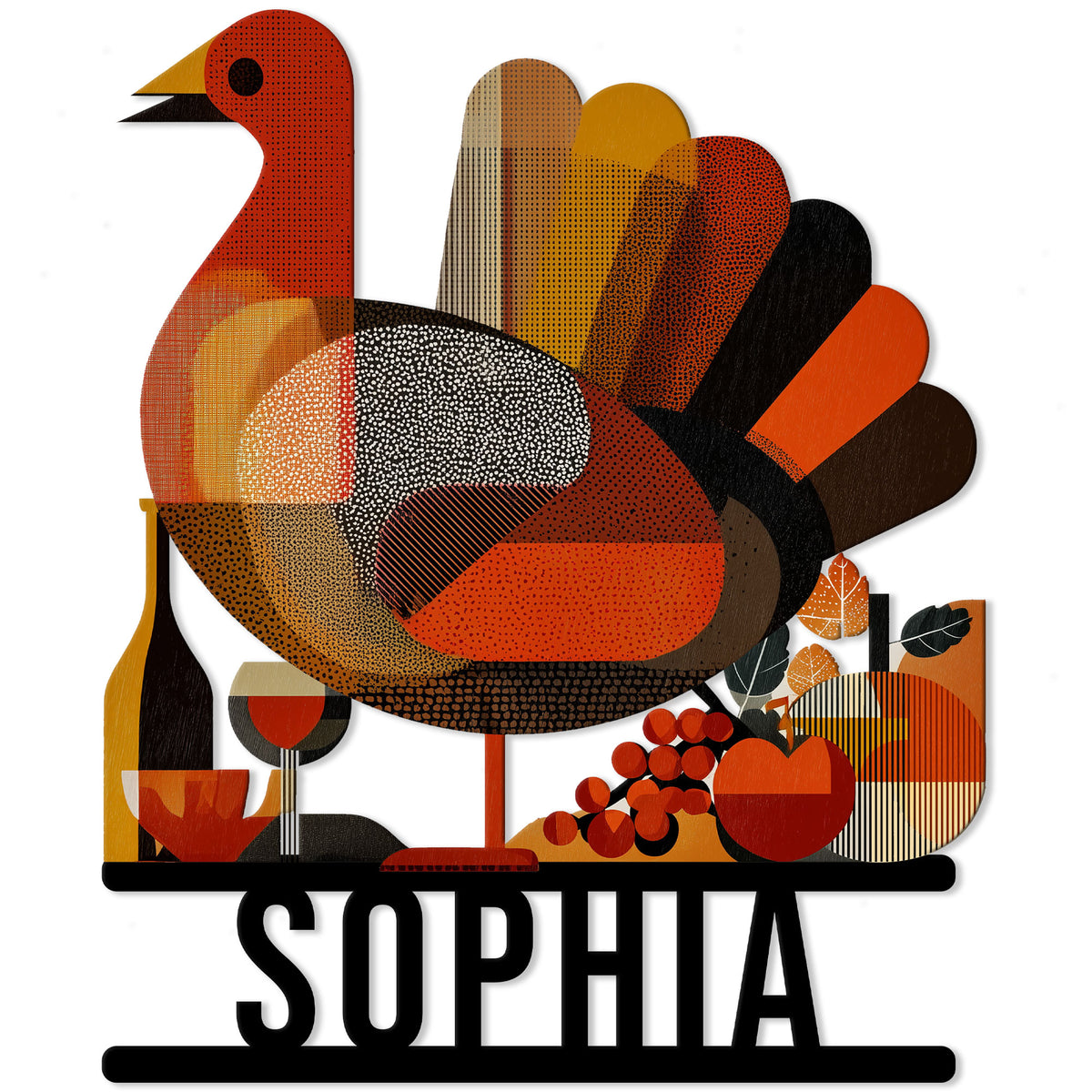 Colorful Thanksgiving turkey metal sign with geometric feathers and autumn harvest accents