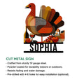 Thanksgiving turkey metal sign shown with product feature information and decorative harvest artwork