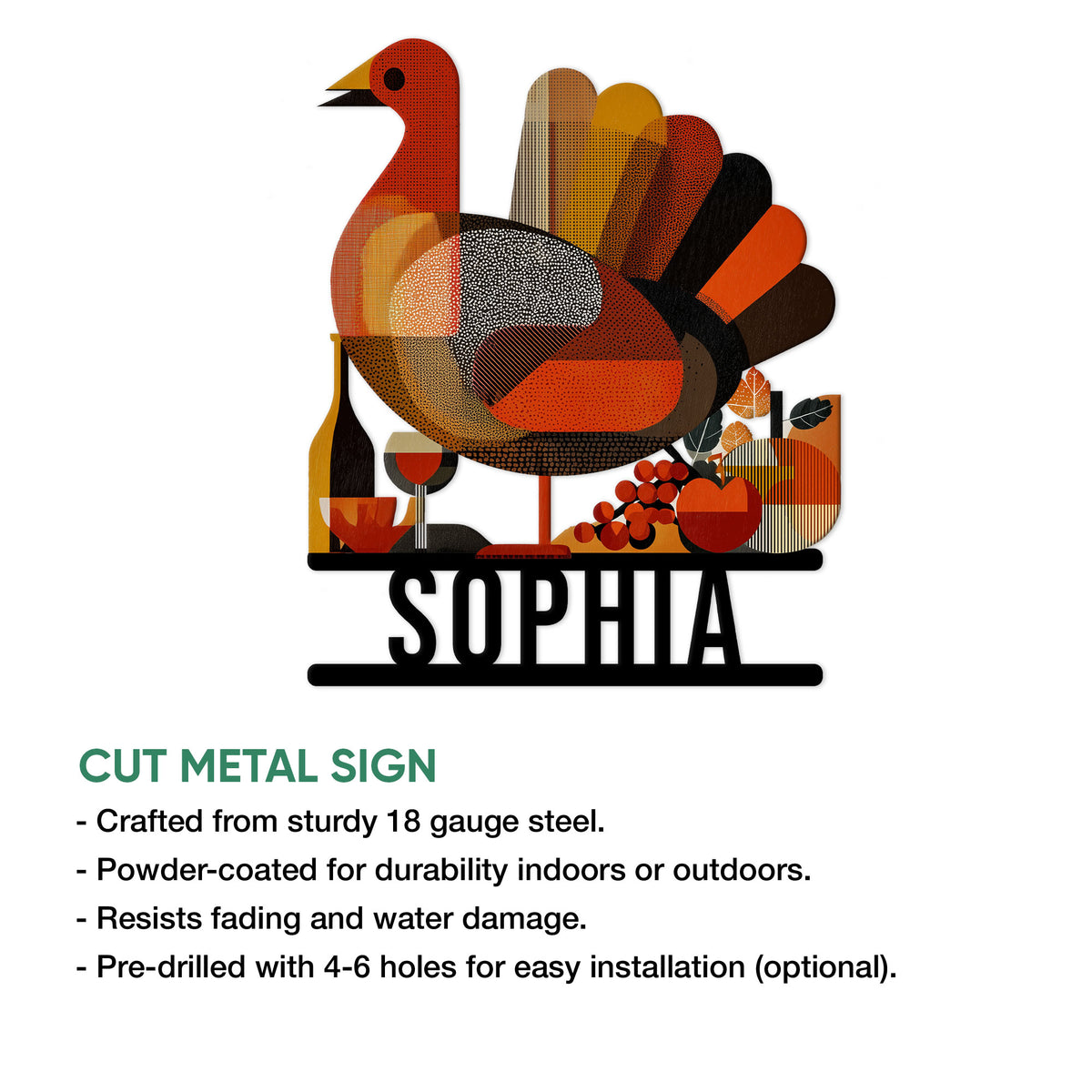 Thanksgiving turkey metal sign shown with product feature information and decorative harvest artwork