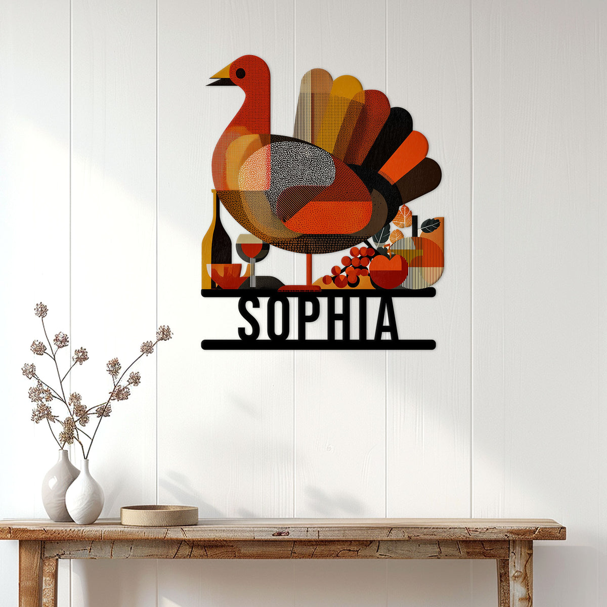 Custom Thanksgiving turkey wall sign displayed on a bright paneled entryway above a console table