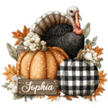 Thanksgiving turkey metal sign featuring pumpkins, autumn leaves, flowers and a buffalo plaid pumpkin