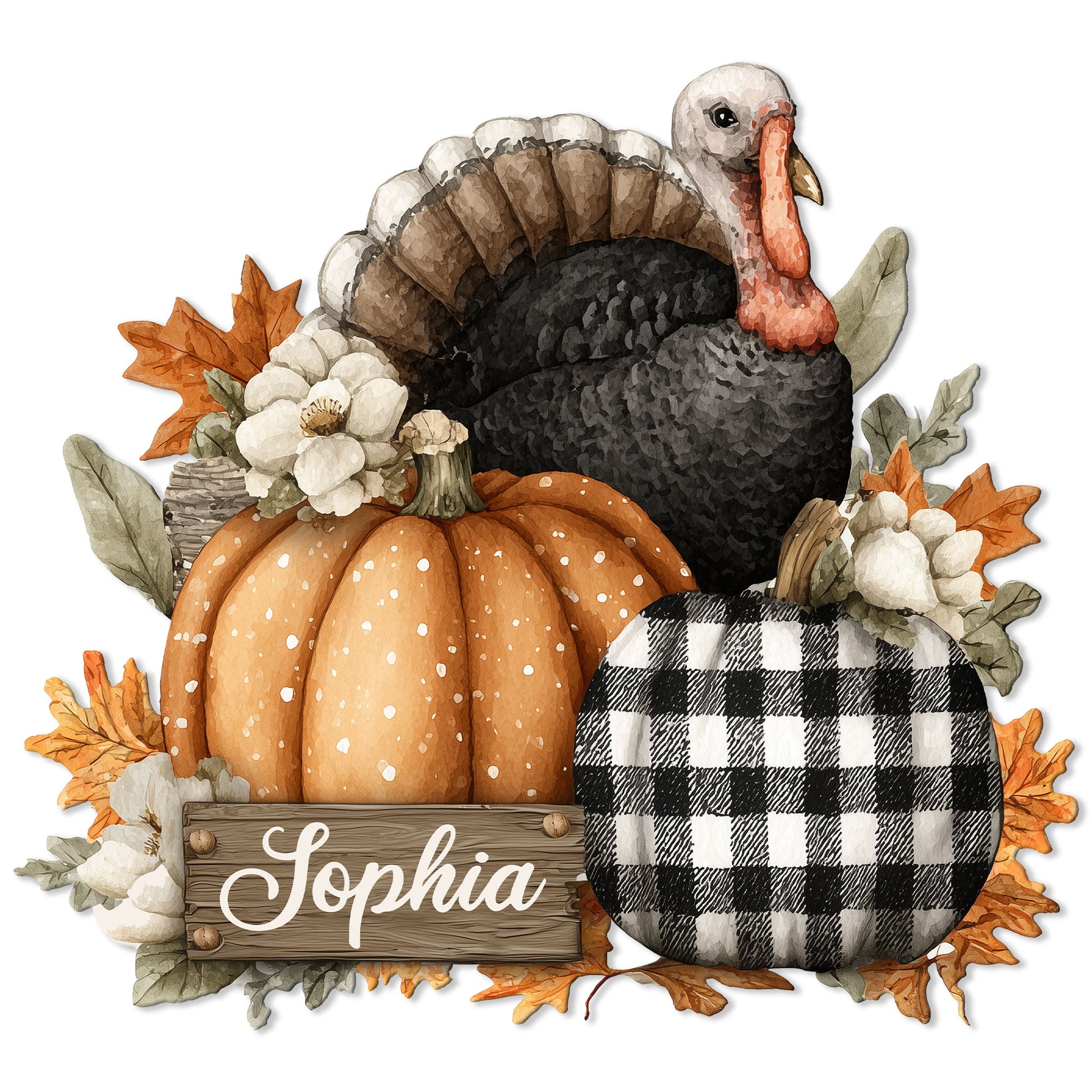 Thanksgiving turkey metal sign featuring pumpkins, autumn leaves, flowers and a buffalo plaid pumpkin