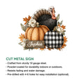 Thanksgiving turkey cut metal sign shown with available size options and product details