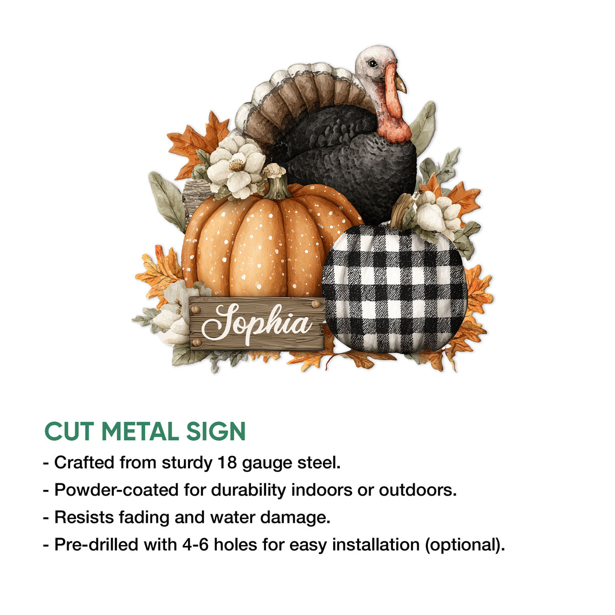 Thanksgiving turkey cut metal sign shown with available size options and product details