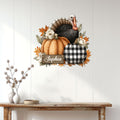 Thanksgiving turkey wall decor displayed on a white paneled entryway above a wooden console