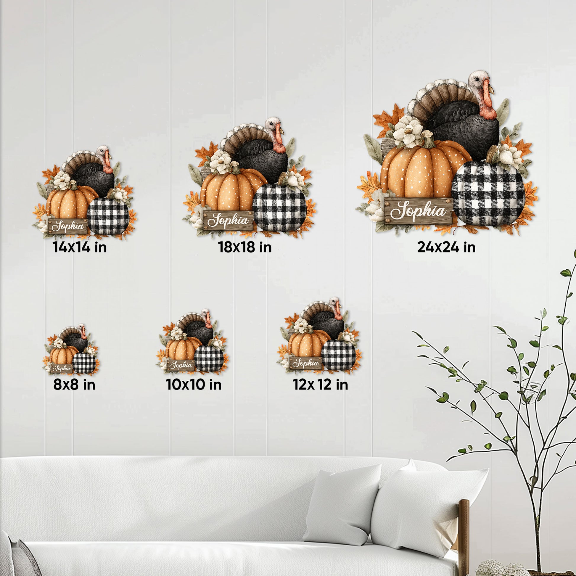 Thanksgiving turkey metal sign size guide showing six available square size options