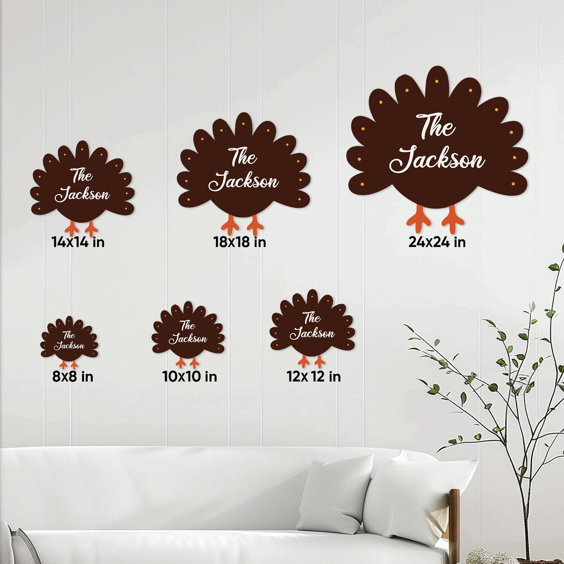 Thanksgiving turkey metal sign size guide showing six available square sizes from 8 by 8 to 24 by 24 inches