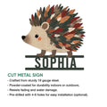 Cut metal hedgehog sign feature graphic showing the leafy woodland animal design and product details