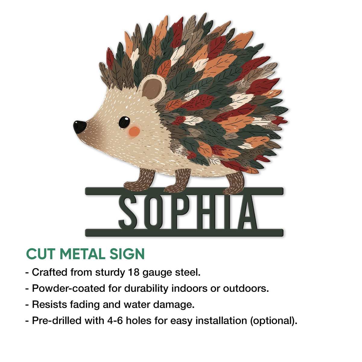 Cut metal hedgehog sign feature graphic showing the leafy woodland animal design and product details
