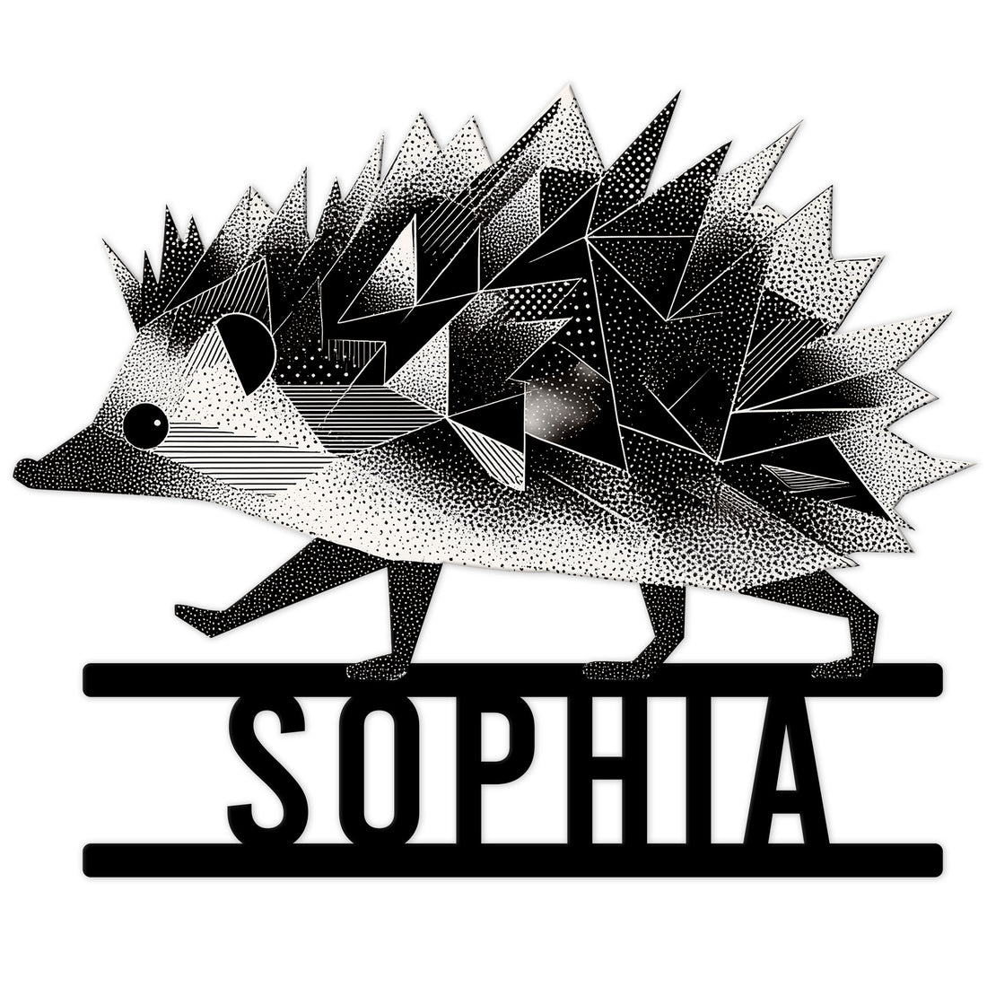 Geometric black and white hedgehog metal sign with bold quill pattern and custom design