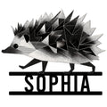 Geometric black and white hedgehog metal sign with bold quill pattern and custom design