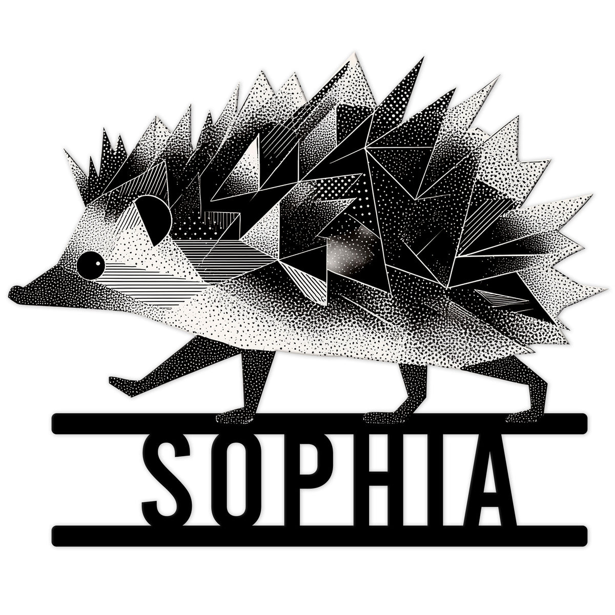 Geometric black and white hedgehog metal sign with bold quill pattern and custom design