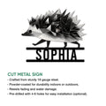 Geometric hedgehog cut metal sign shown with product feature details for indoor or outdoor decor