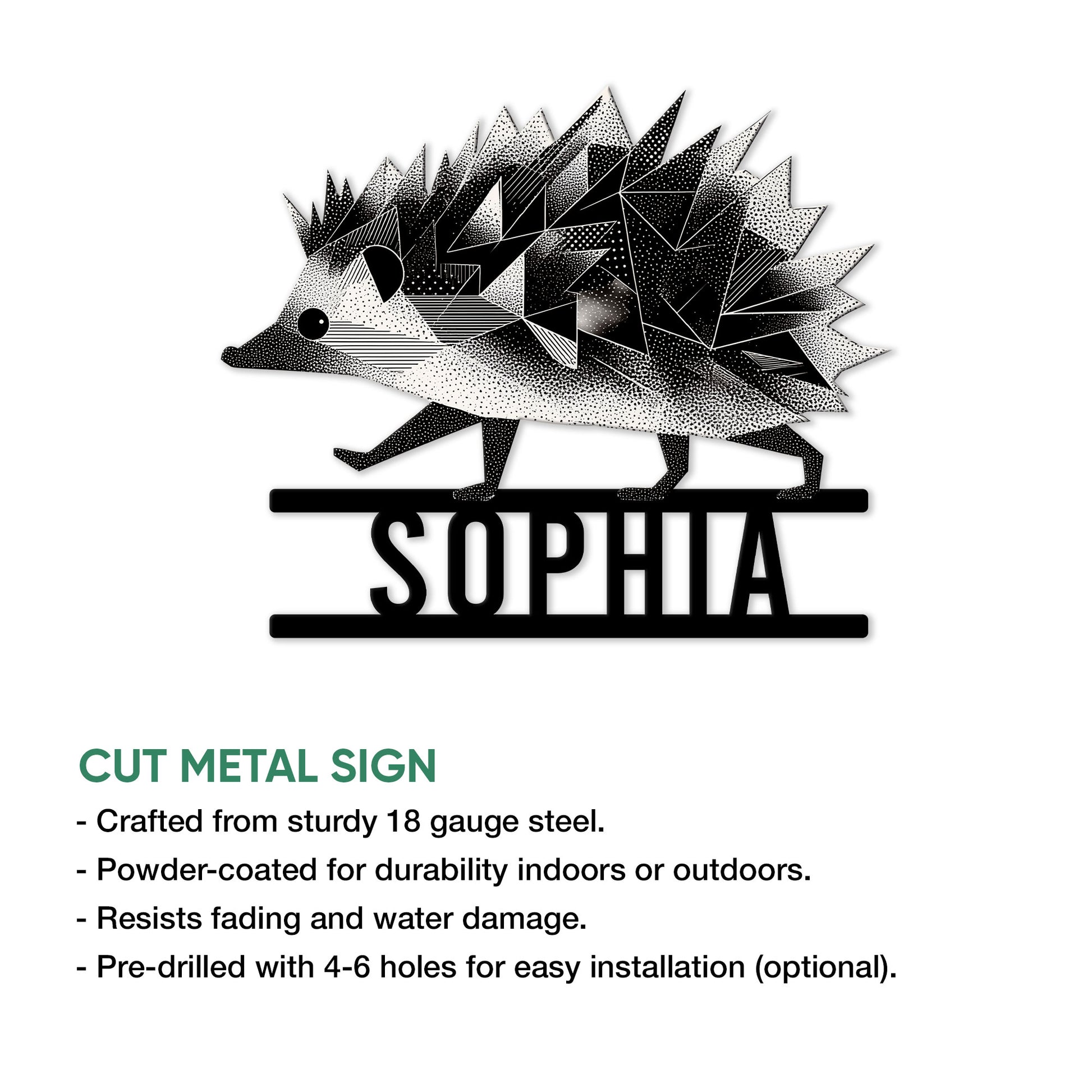 Geometric hedgehog cut metal sign shown with product feature details for indoor or outdoor decor