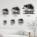 Hedgehog metal sign size guide showing multiple available dimensions in a home setting