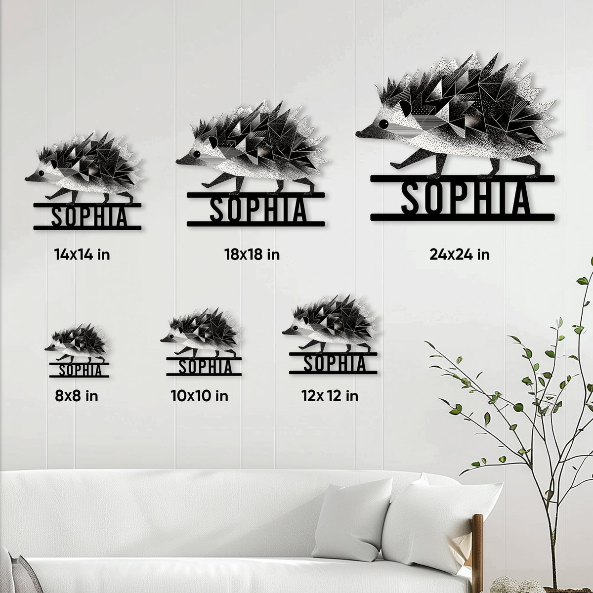 Hedgehog metal sign size guide showing multiple available dimensions in a home setting