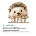 Hedgehog cut metal sign shown with product feature details for indoor or outdoor display