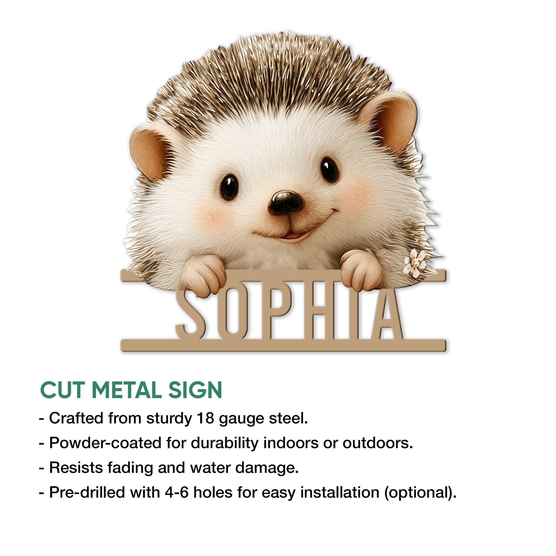 Hedgehog cut metal sign shown with product feature details for indoor or outdoor display