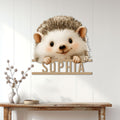 Hedgehog metal sign displayed on a light paneled wall above a console table