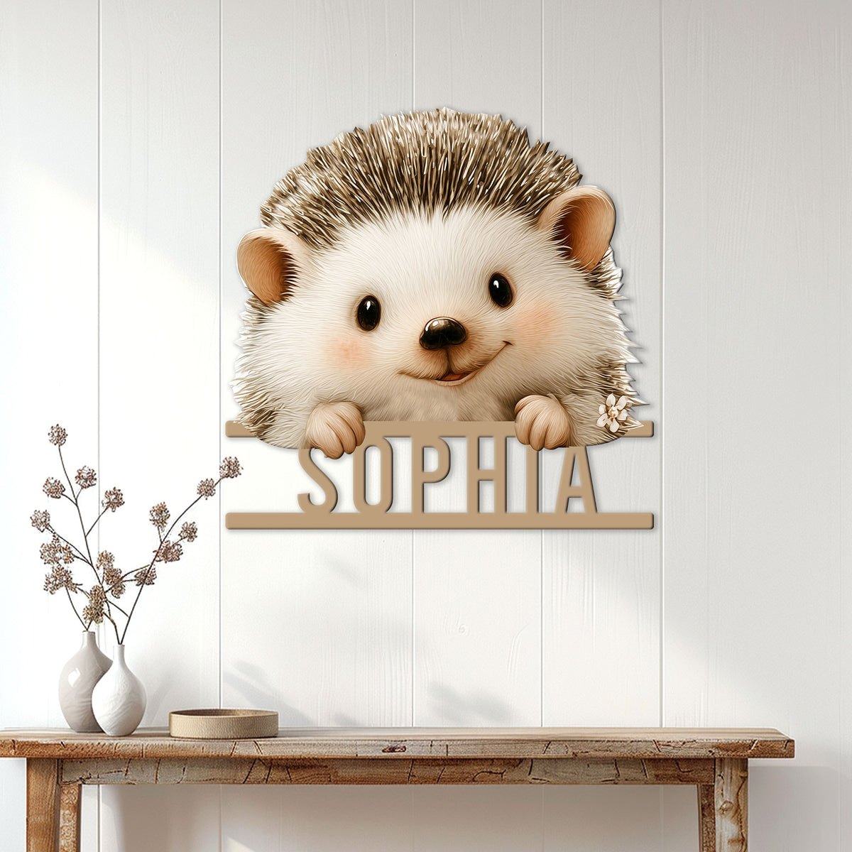 Hedgehog metal sign displayed on a light paneled wall above a console table