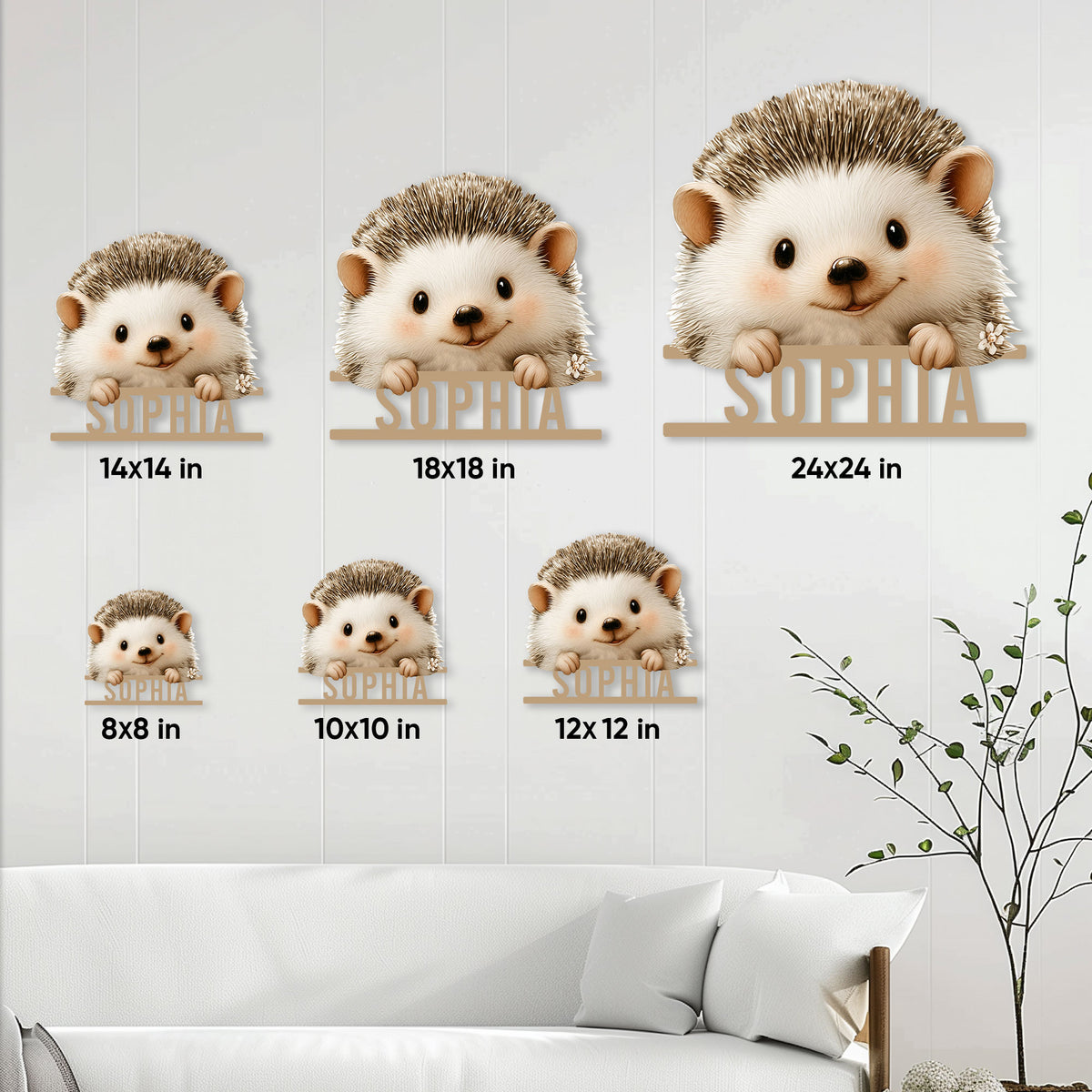Hedgehog metal sign size guide showing six available square size options
