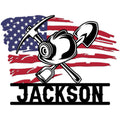 Miner metal sign featuring a hard hat, crossed pickaxe and shovel over a distressed American flag