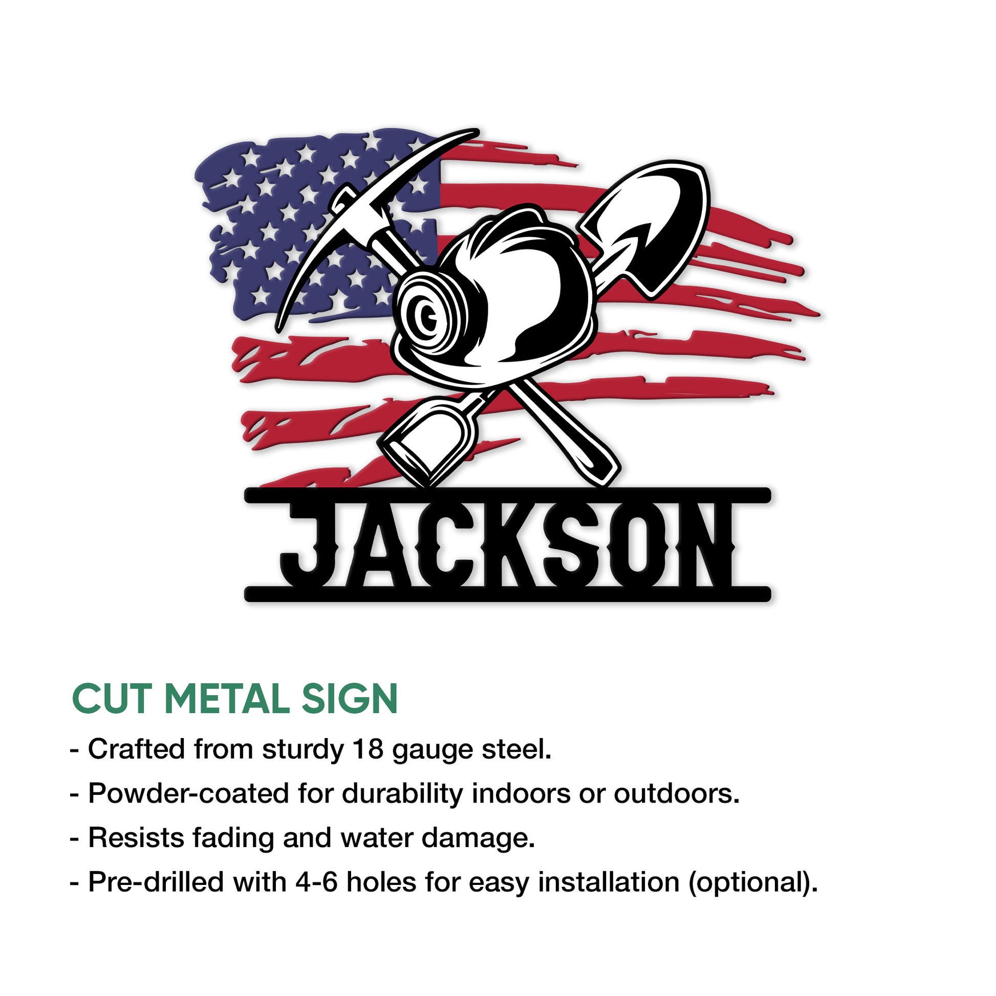 Custom miner wall sign shown with a hard hat, crossed mining tools and an American flag backdrop