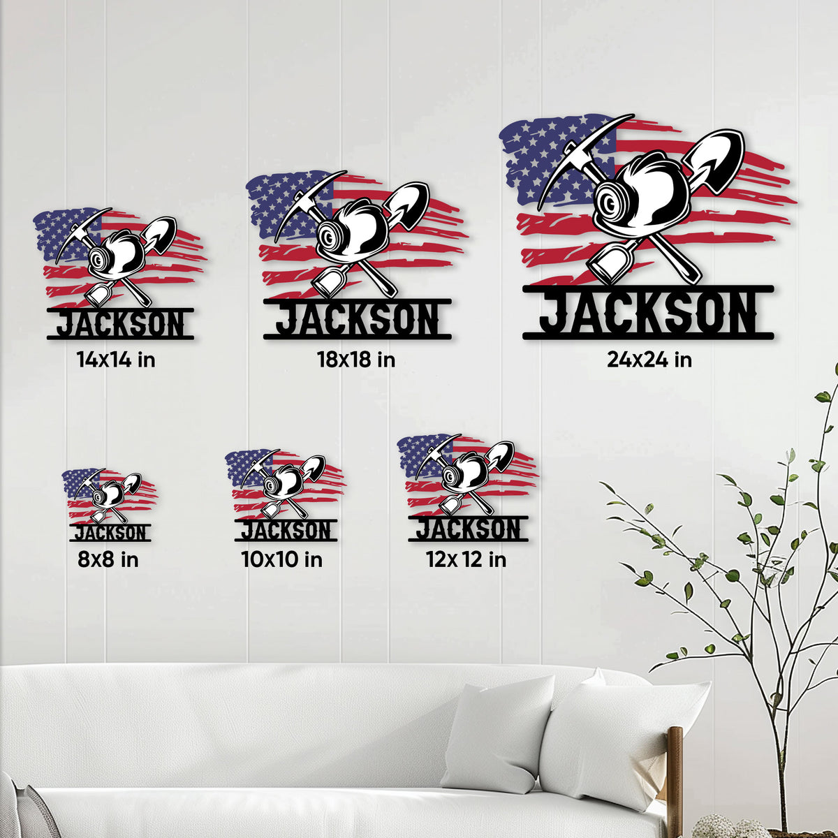 Miner metal sign size guide showing available square sizes from 8 by 8 to 24 by 24 inches