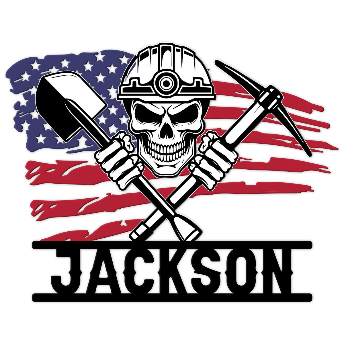 Miner metal sign featuring a hard-hat skull, crossed shovel and pickaxe over a distressed American flag