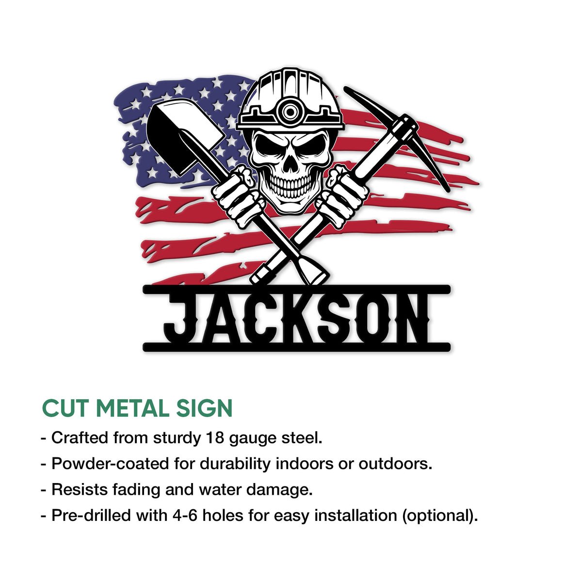 Detailed miner wall sign with hard-hat skull artwork, crossed mining tools and patriotic flag background