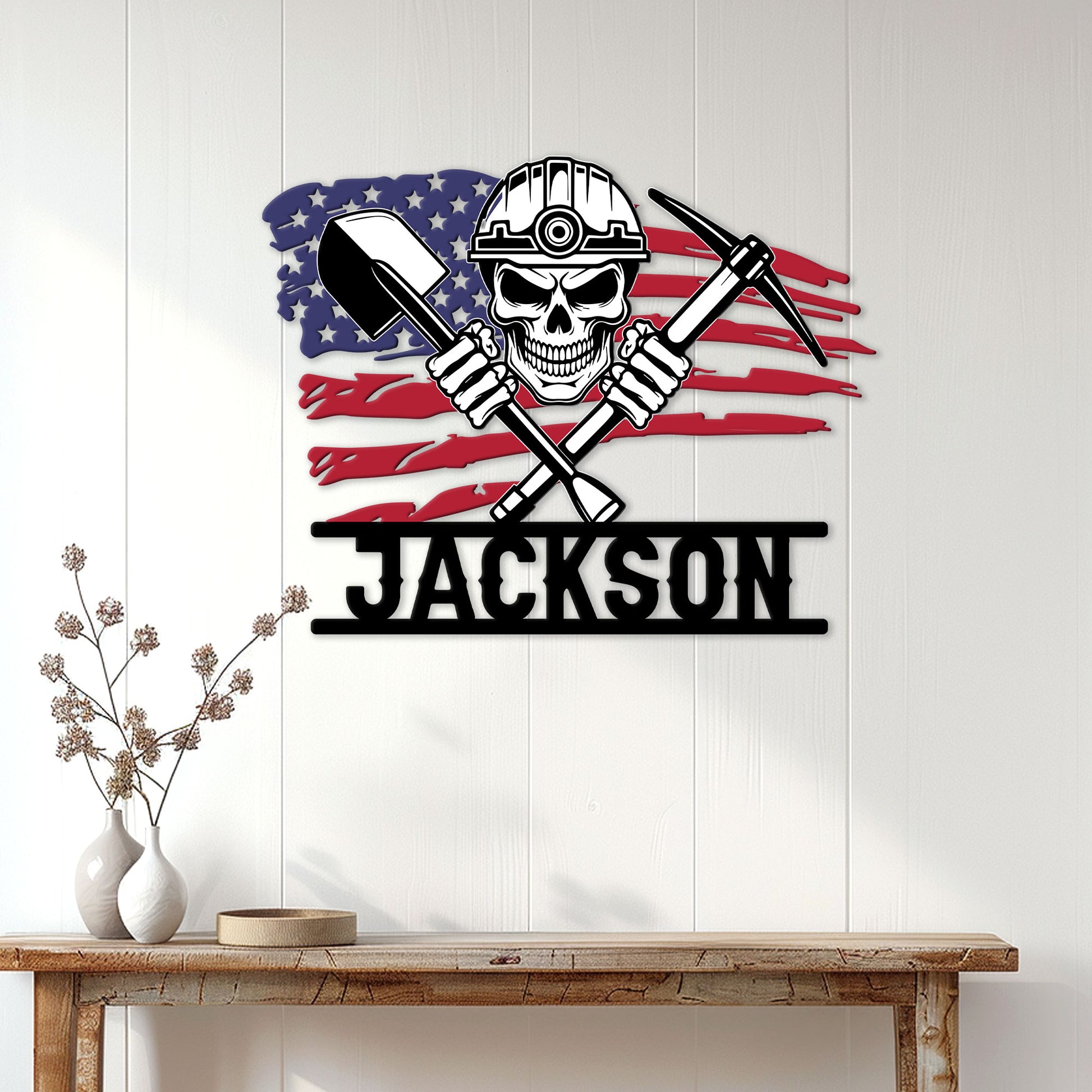 Miner metal wall decor displayed above a console table in a bright home interior