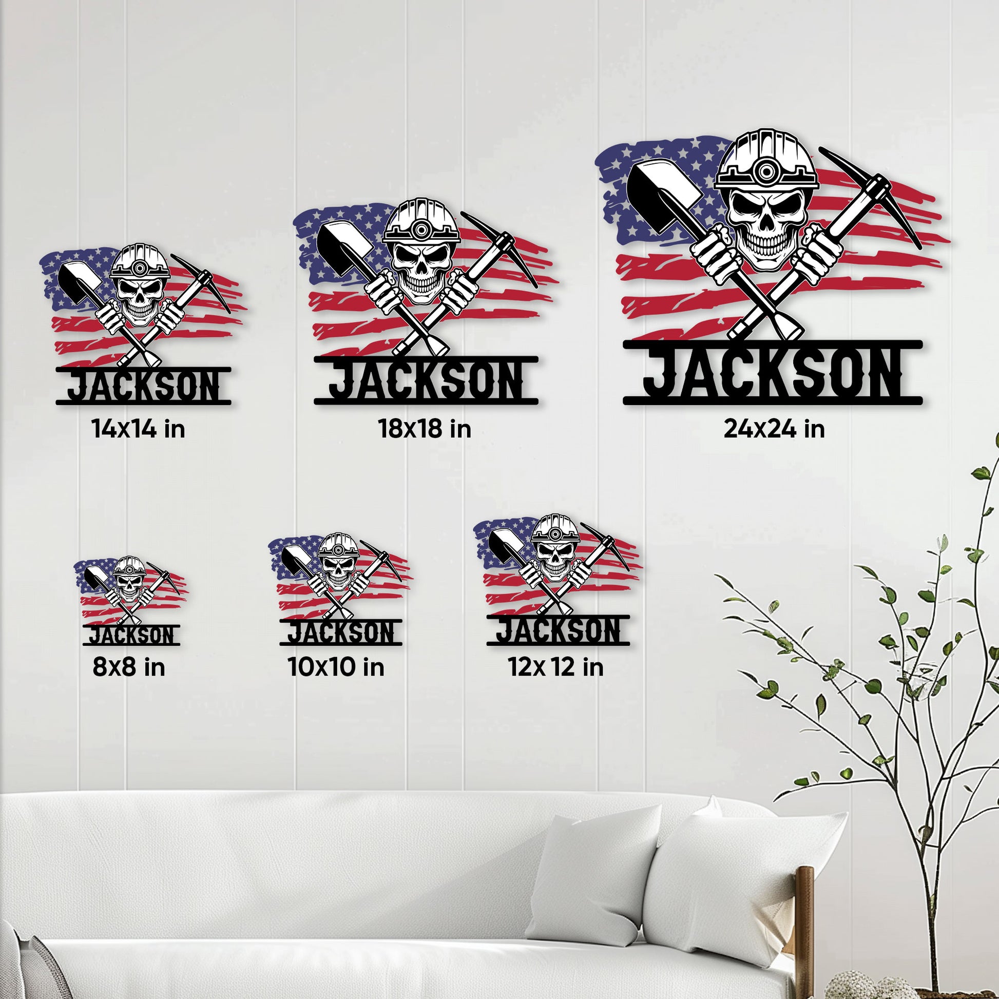 Miner metal sign size guide showing available square sizes from 8 by 8 to 24 by 24 inches