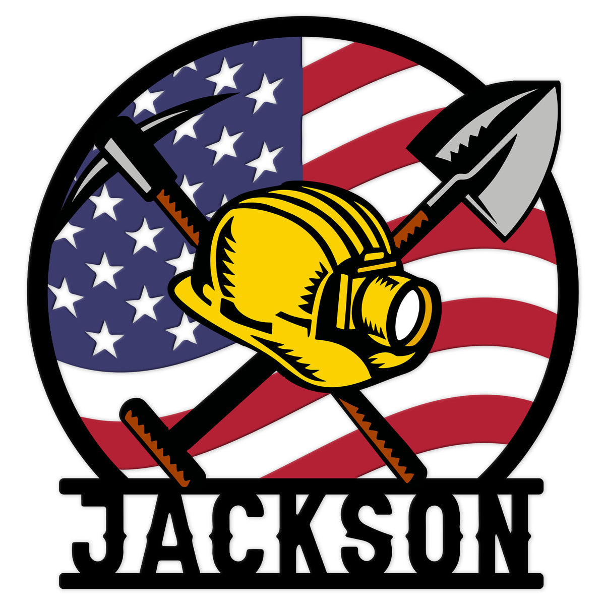 Custom miner metal sign featuring a yellow hard hat, crossed mining tools, and an American flag backdrop