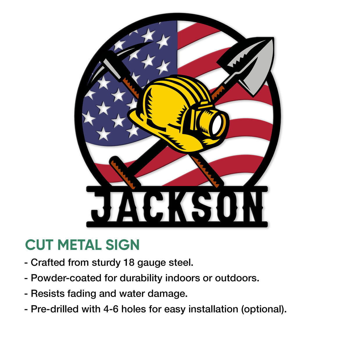 Miner metal sign feature graphic showing the patriotic hard hat and crossed pickaxe and shovel design