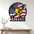 Patriotic miner wall sign displayed on a white paneled wall above a rustic console table