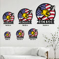Miner metal sign size guide showing several square size options in a living room setting