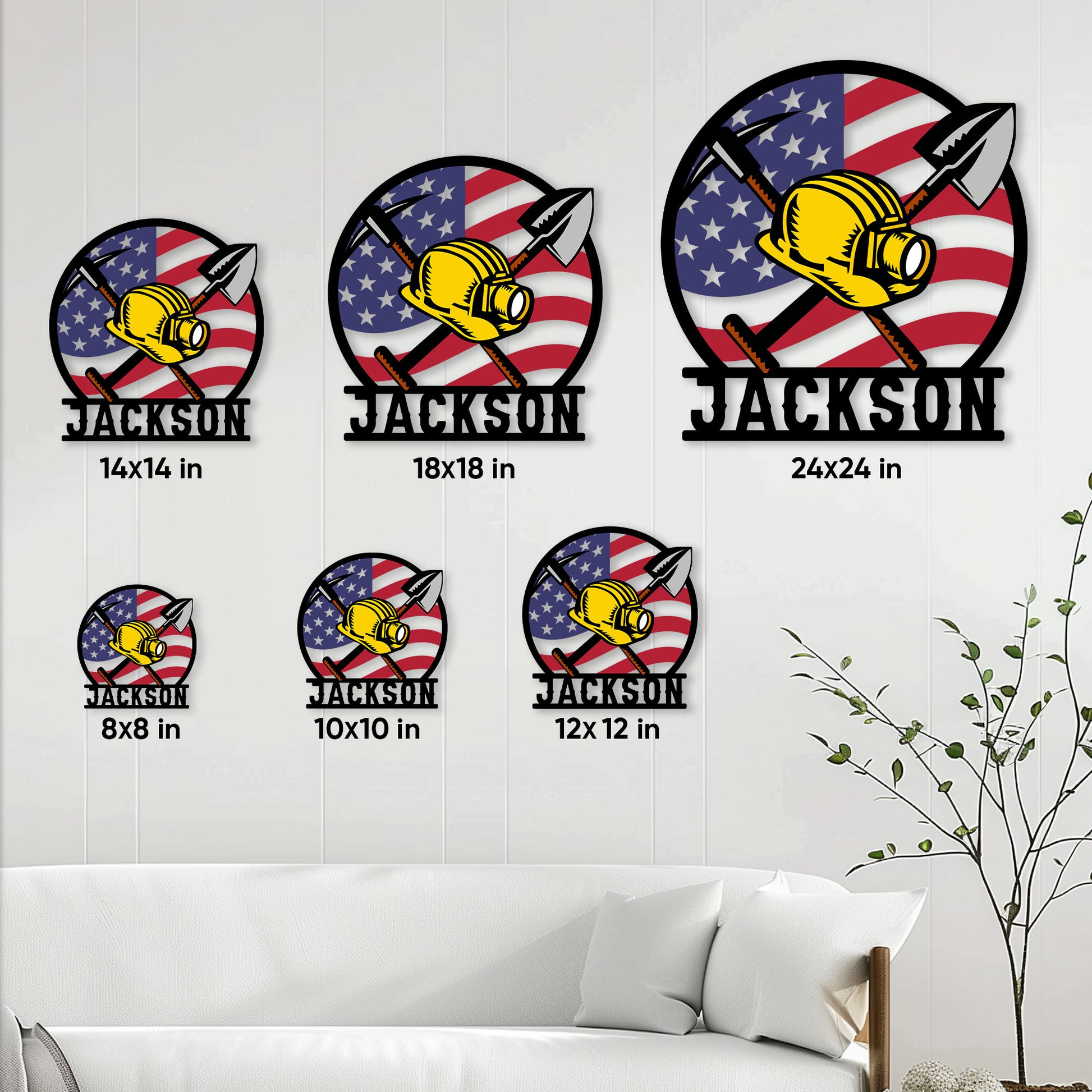 Miner metal sign size guide showing several square size options in a living room setting