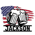 Custom beer metal sign featuring two frothy mugs against a distressed American flag backdrop