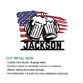 Patriotic beer mug metal sign shown with cut-metal construction and hanging hole options