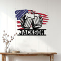 Beer metal sign displayed as home bar wall decor above a wood console table
