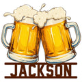 Beer metal sign featuring two overflowing golden beer mugs with a bold custom nameplate-style design
