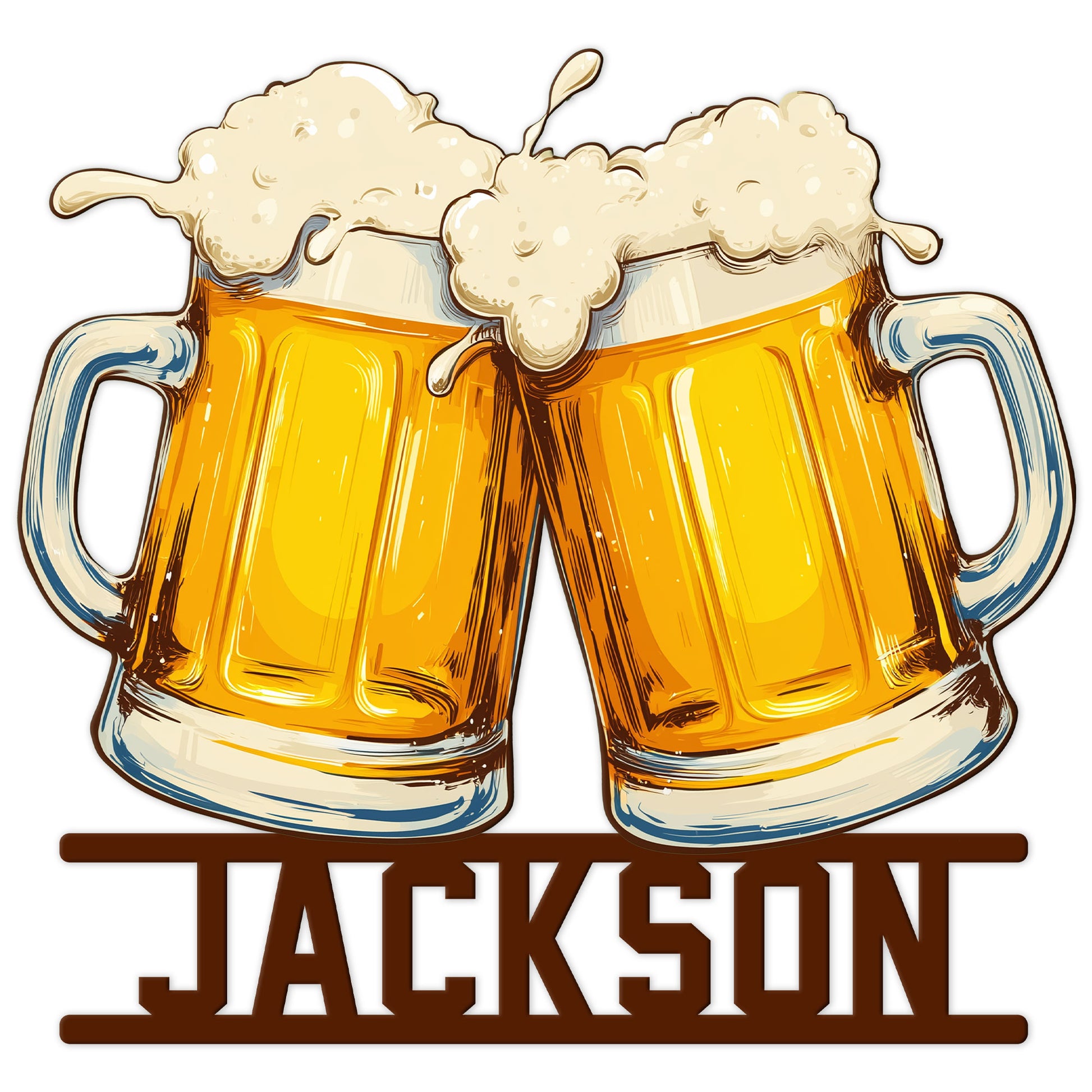 Beer metal sign featuring two overflowing golden beer mugs with a bold custom nameplate-style design