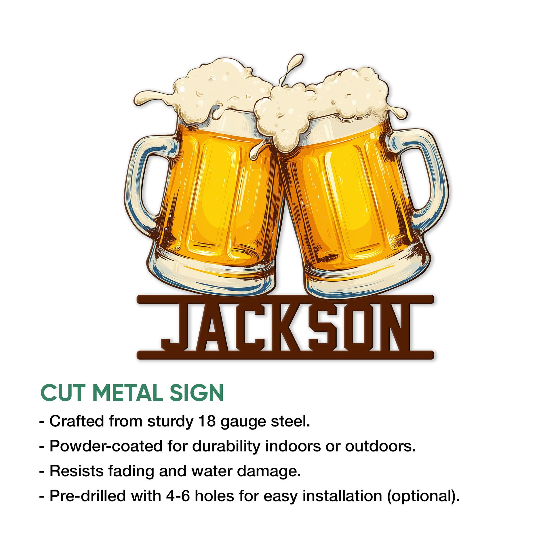 Beer mug metal sign shown with a cut-metal sign feature infographic and indoor or outdoor display notes
