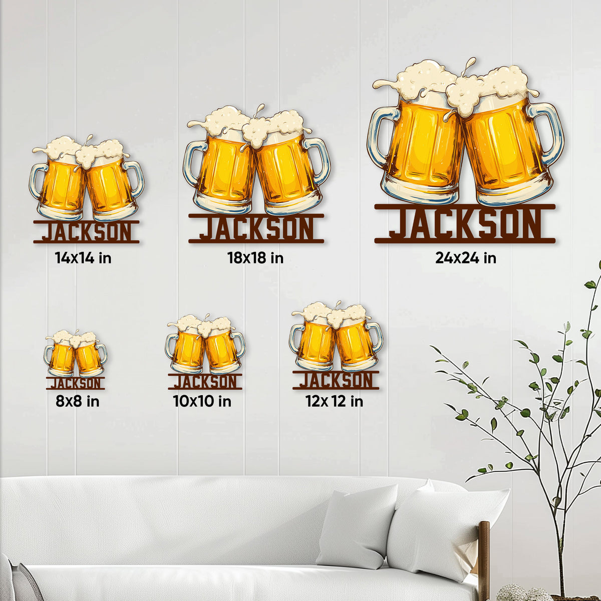 Beer metal sign shown in multiple size options ranging from 8 by 8 inches to 24 by 24 inches