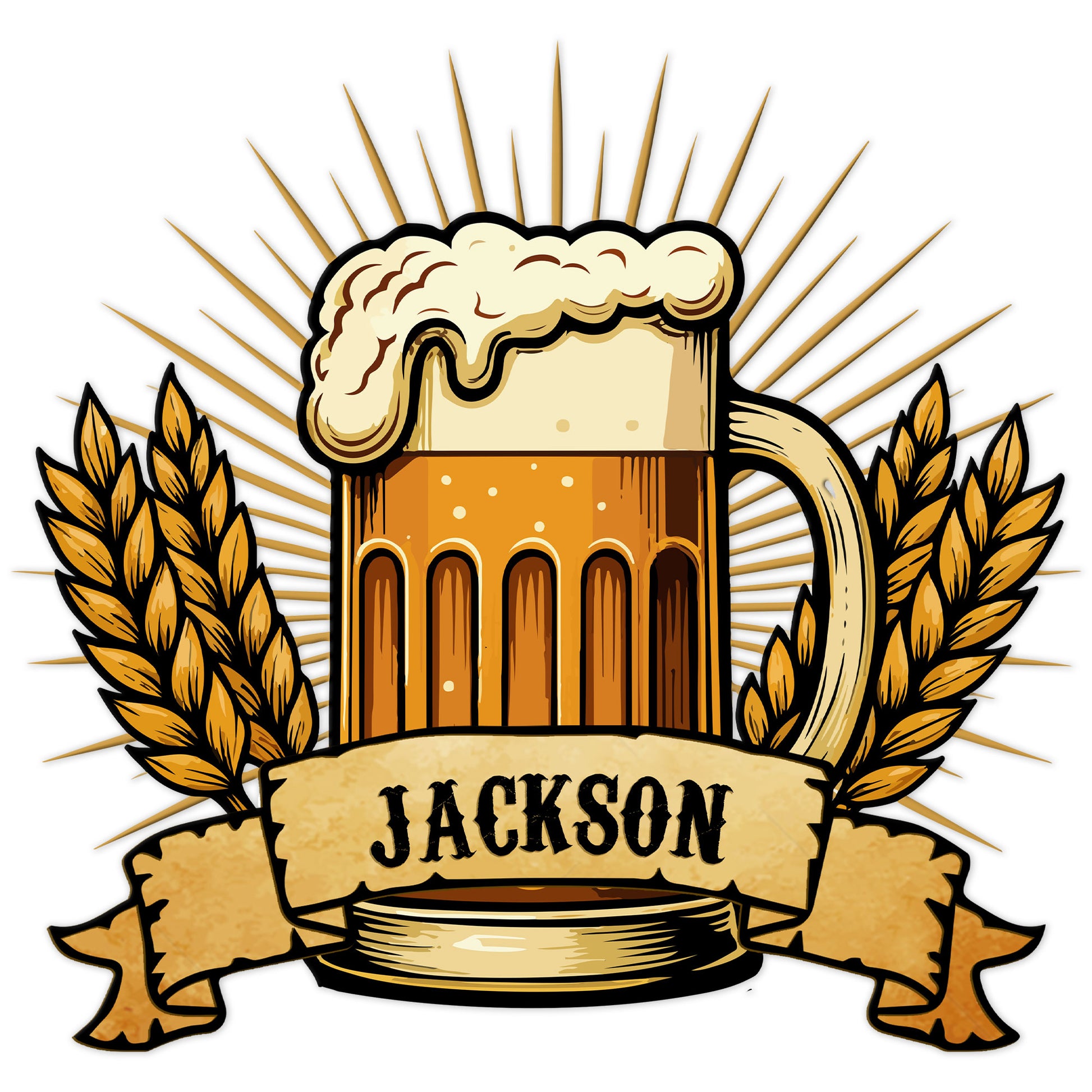 Custom beer mug metal sign featuring frothy ale, wheat stalks, golden rays, and a rustic banner