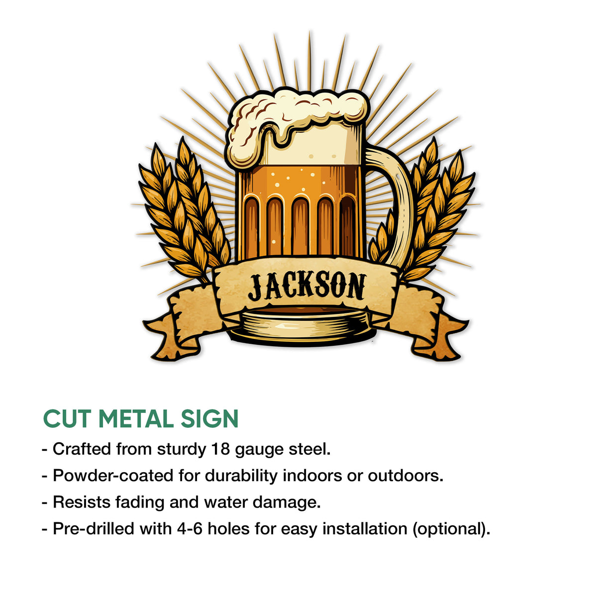 Beer mug cut metal sign shown with a bold wheat design and indoor or outdoor display details